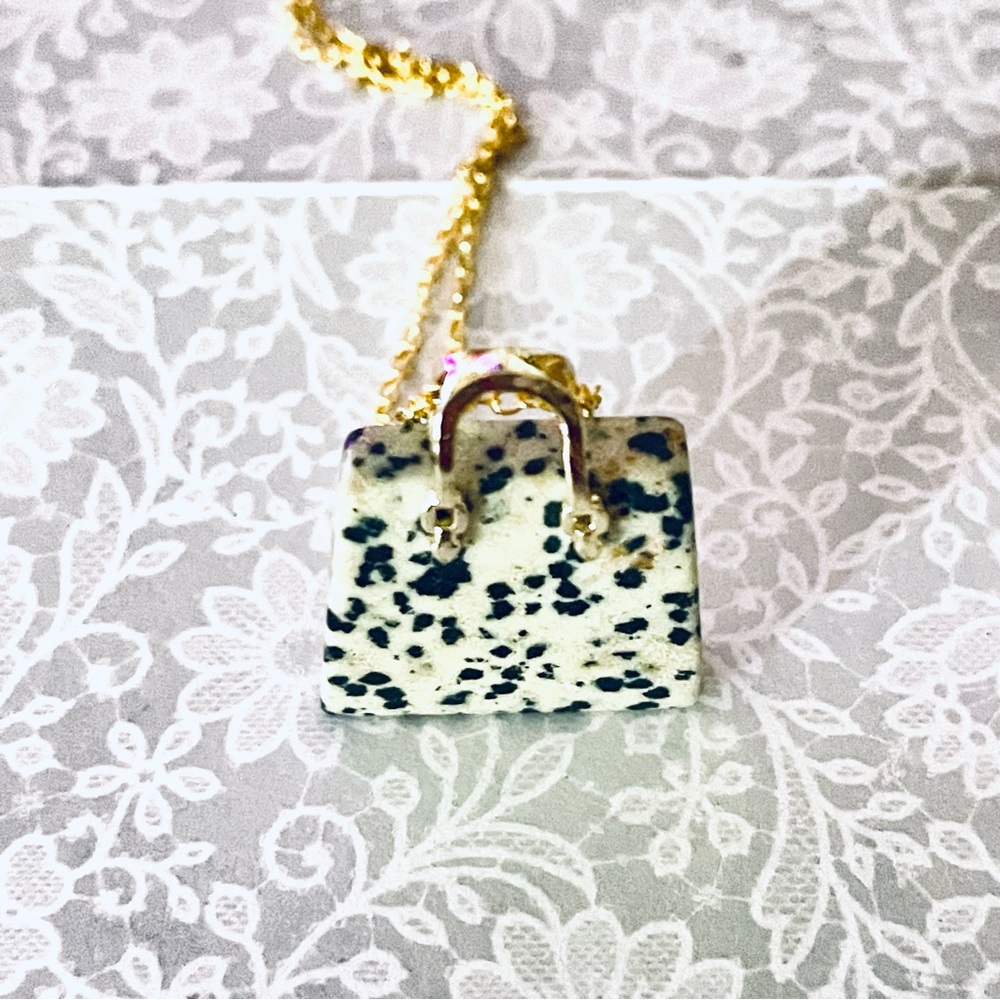 New Artisan 14k Gold Lady Christian Dior Dalmatian Jasper Handbag Necklace - Picture 12 of 17